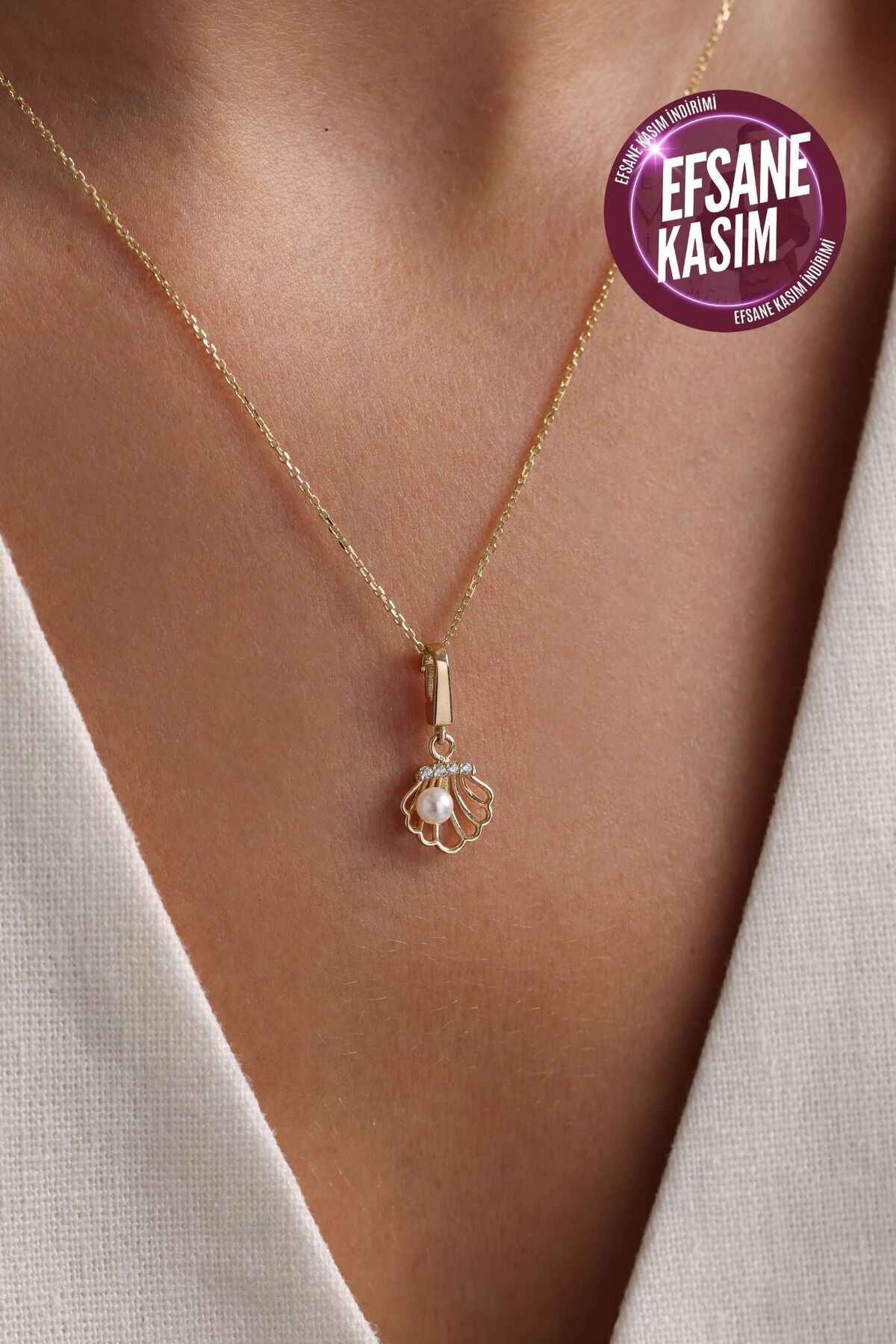 14 Ayar Altın İnci & Deniz Kabuğu Shell Kilitli Charm Kolye Ucu