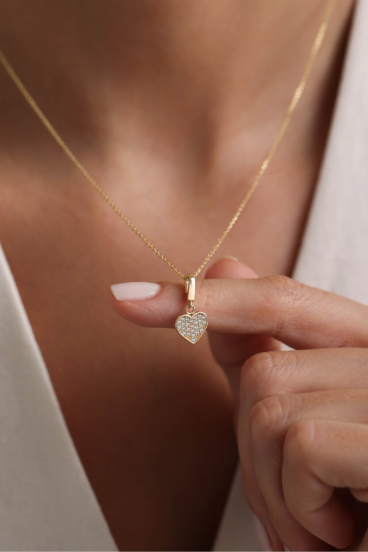 14 Ayar Altın Taşlı Minimal Kalp Kilitli Charm Kolye