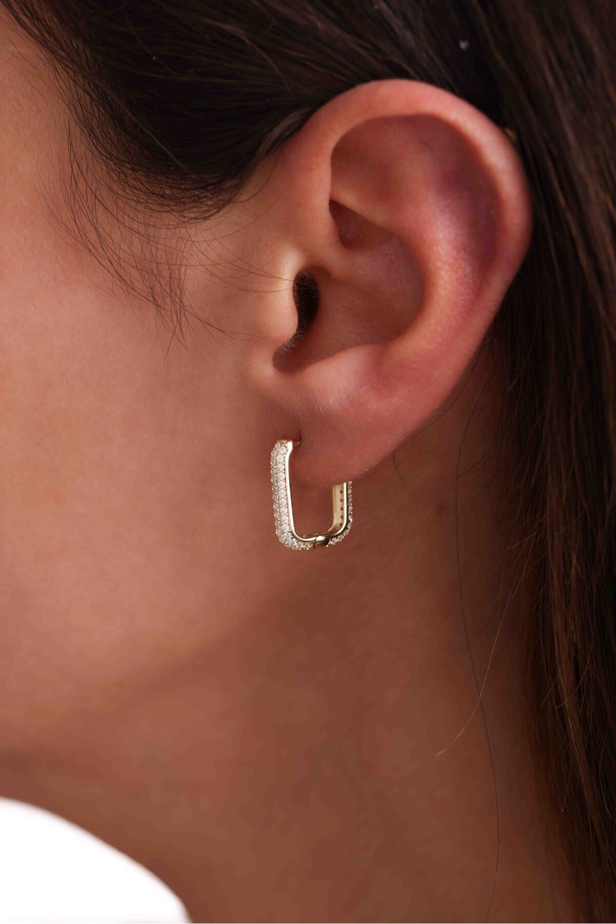 14 Ayar Altın Komple Taşlı Ataş Dikdörtgen Kısa Küpe