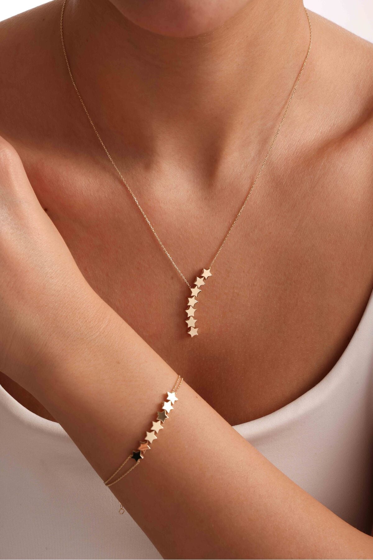 14 Ayar Altın Sallantılı Yıldız Kolye Bileklik Set
