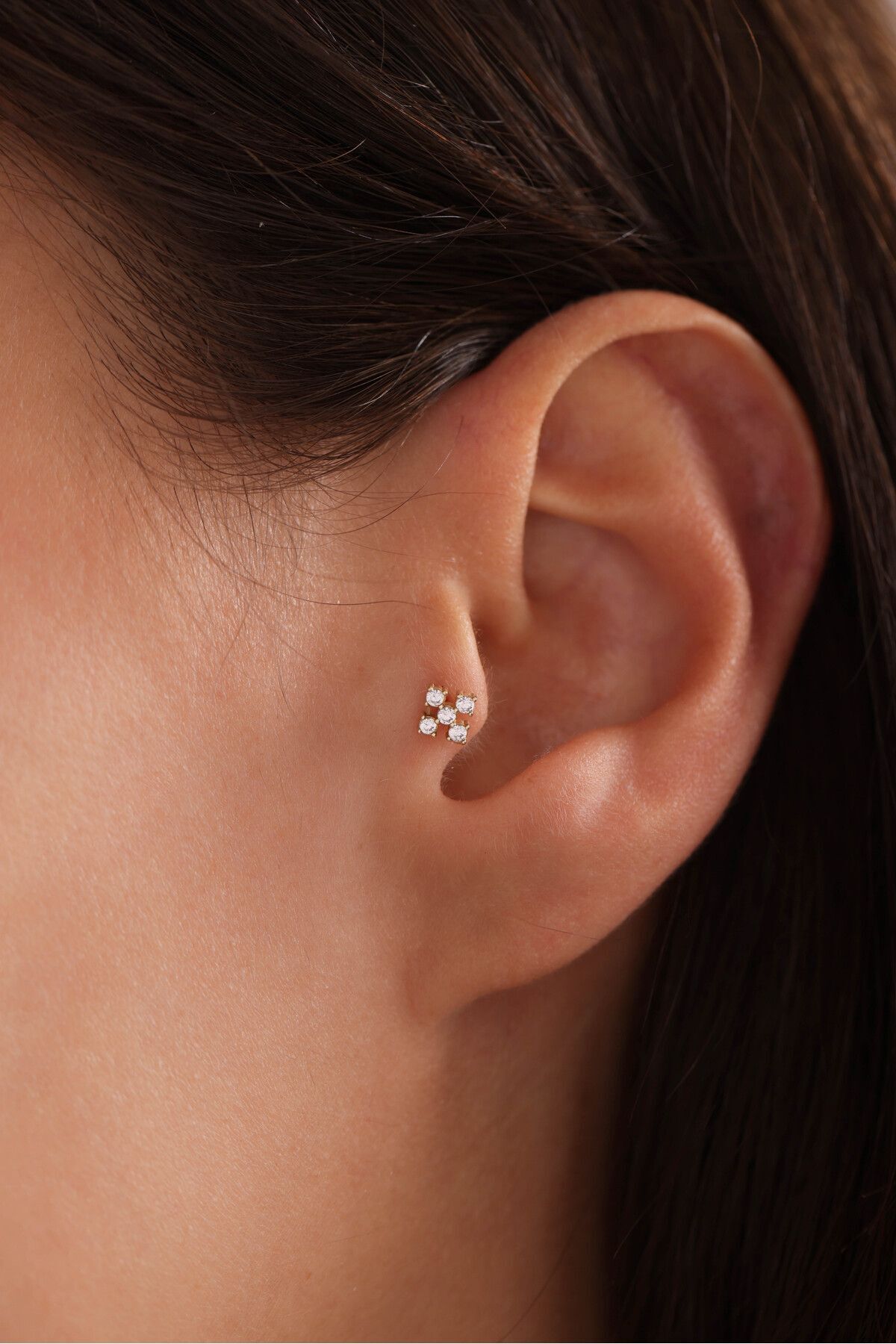 14 Ayar Altın 5 Taşlı Kare Tragus Küpe