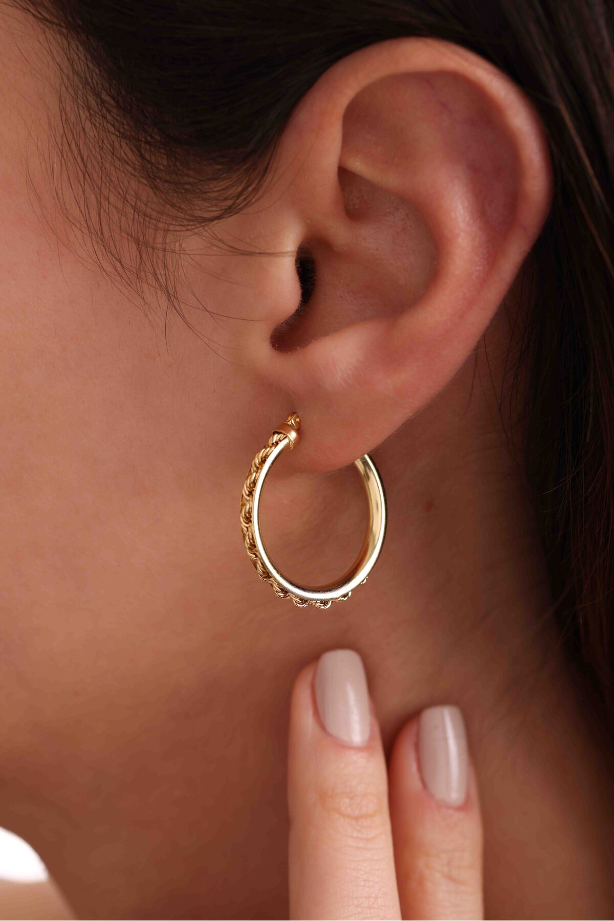 İtalyan Tasarım 14 Ayar Altın Halka Halat Zincirli Küpe