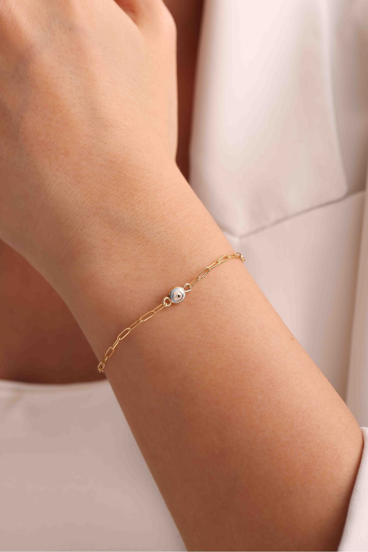 14 Ayar Altın Mavi Mineli Figürlü Nazar Göz Çocuk Bileklik