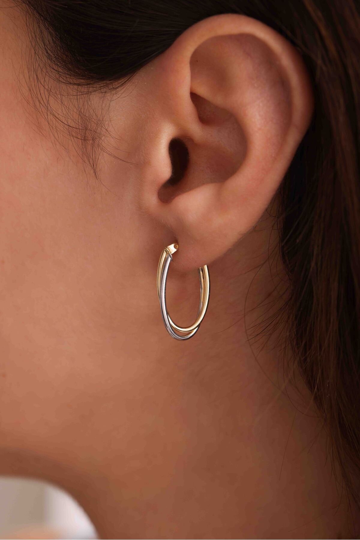 14 Ayar Altın İkili Çift Renk Elips Halka Küpe